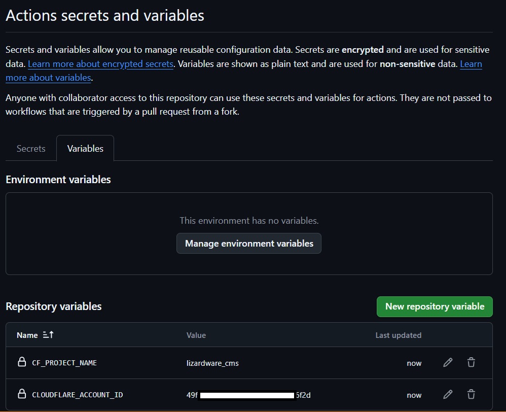 GitHub Variables Configuration Screen